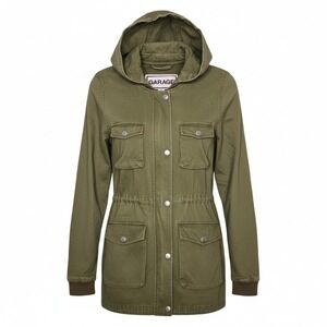 GARAGE Olive‎ Green Hooded Utility Jacket Military Style Drawstring Waist Womens